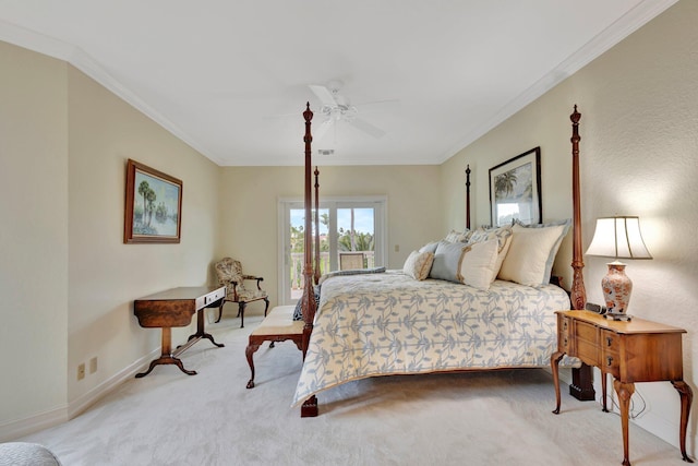 bedroom with ceiling fan, light colored carpet, and ornamental molding