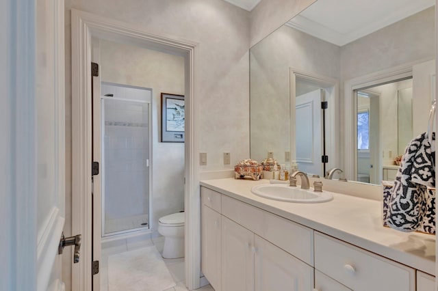 bathroom featuring toilet, tile patterned flooring, an enclosed shower, ornamental molding, and vanity