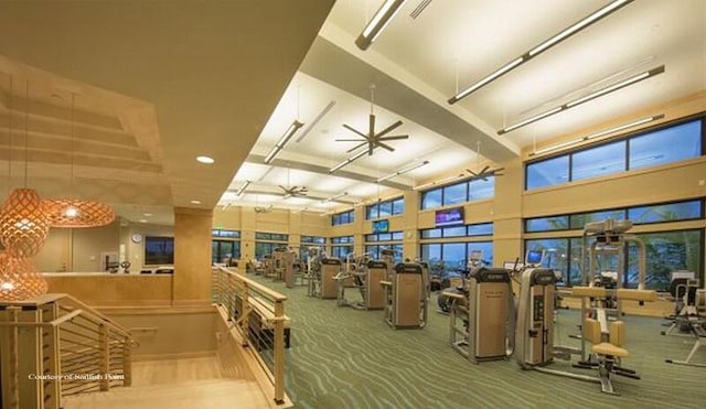 workout area with a high ceiling, ceiling fan, and carpet