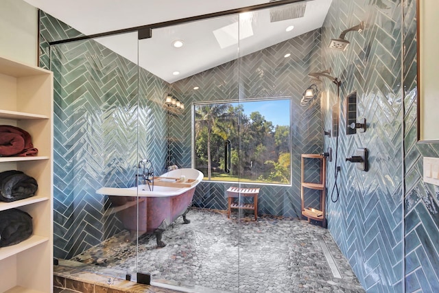 bathroom featuring independent shower and bath and a skylight