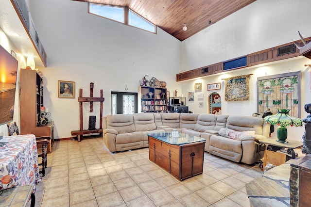 living room featuring plenty of natural light, high vaulted ceiling, wooden ceiling, and light tile patterned floors