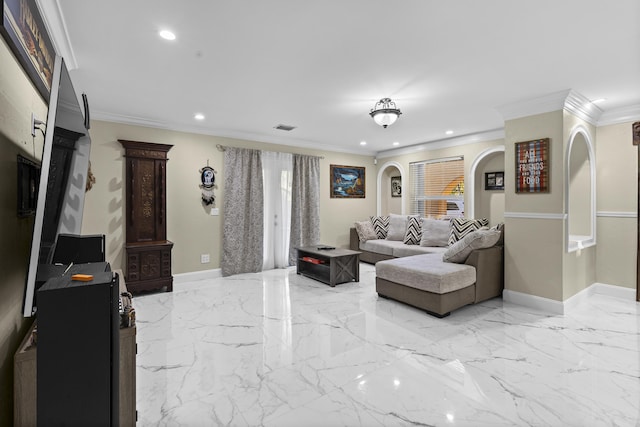 living room with crown molding