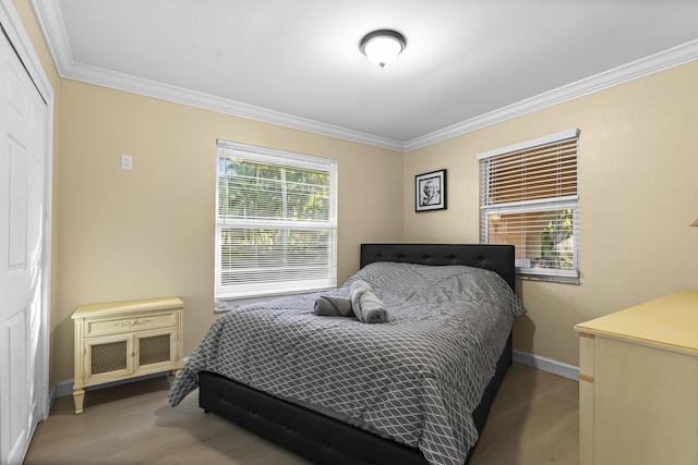 bedroom with ornamental molding, wood-type flooring, and a closet