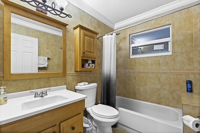 full bathroom featuring crown molding, tile walls, vanity, shower / bath combination with curtain, and toilet