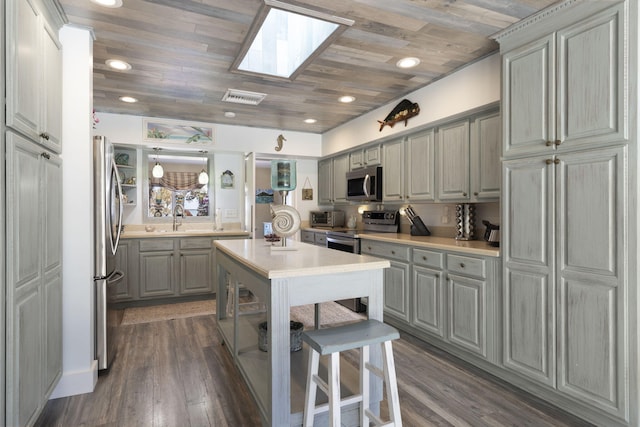 kitchen featuring dark hardwood / wood-style flooring, gray cabinetry, appliances with stainless steel finishes, wooden ceiling, and sink