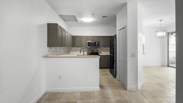 kitchen with gray cabinets, pendant lighting, backsplash, kitchen peninsula, and stainless steel appliances