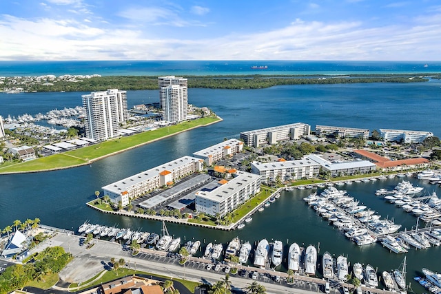 drone / aerial view with a water view