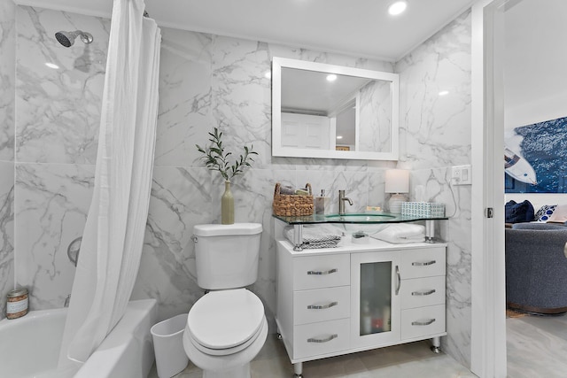 full bathroom with toilet, shower / bath combination with curtain, tile walls, and sink