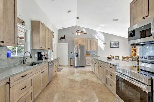 kitchen featuring decorative backsplash, appliances with stainless steel finishes, vaulted ceiling, and sink