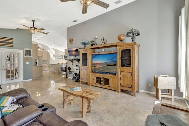 living room featuring high vaulted ceiling and ceiling fan