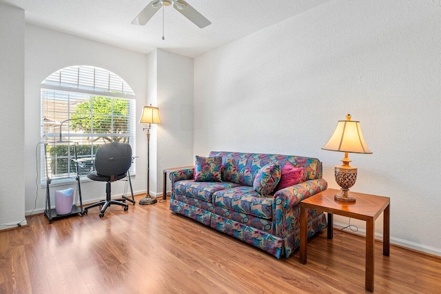 living room featuring ceiling fan and hardwood / wood-style floors