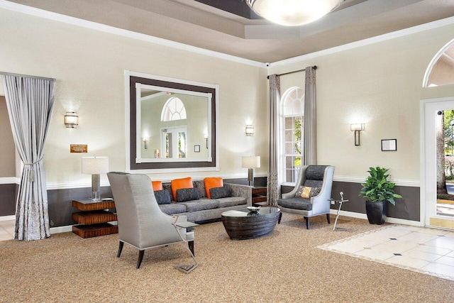 carpeted living room with a raised ceiling and crown molding