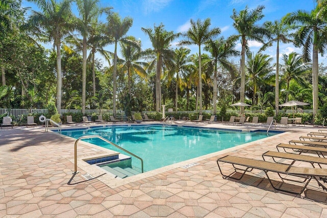 view of pool featuring a patio