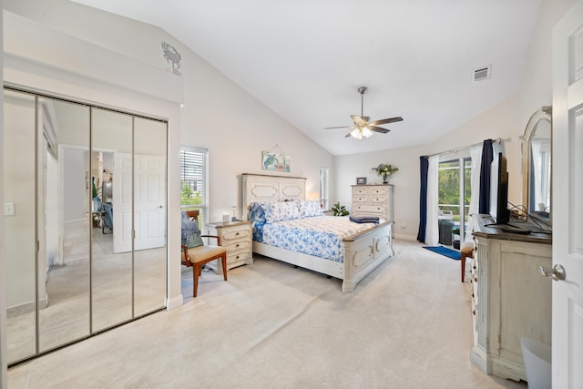 carpeted bedroom featuring ceiling fan, lofted ceiling, and access to outside