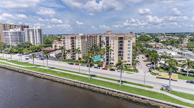 view of building exterior featuring a water view