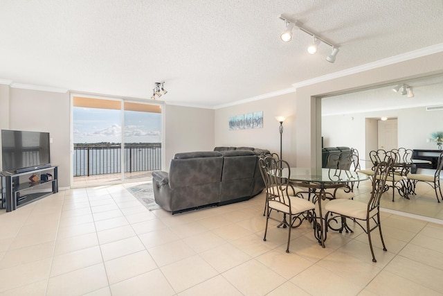 tiled dining area featuring a textured ceiling, rail lighting, floor to ceiling windows, and ornamental molding