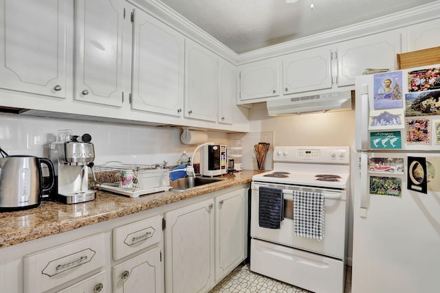 kitchen featuring white cabinetry, light stone countertops, white appliances, and ornamental molding