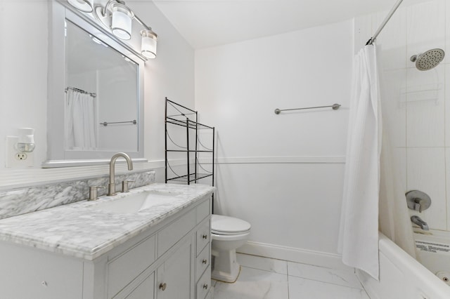 full bathroom featuring shower / bath combo, toilet, and vanity