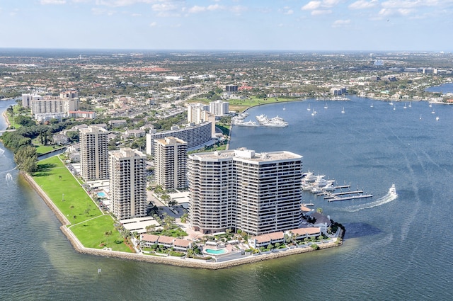 birds eye view of property featuring a water view