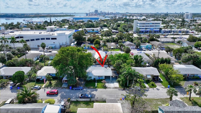 bird's eye view with a water view