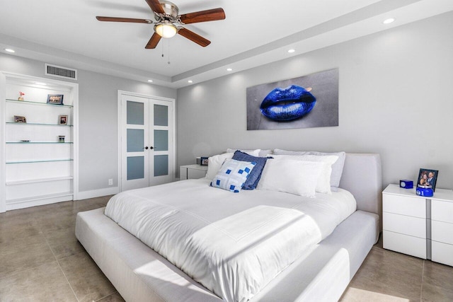 bedroom with french doors and ceiling fan