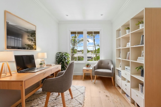 office space with crown molding and light wood-type flooring