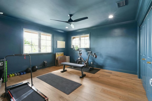 workout area featuring ceiling fan, ornamental molding, and light hardwood / wood-style flooring