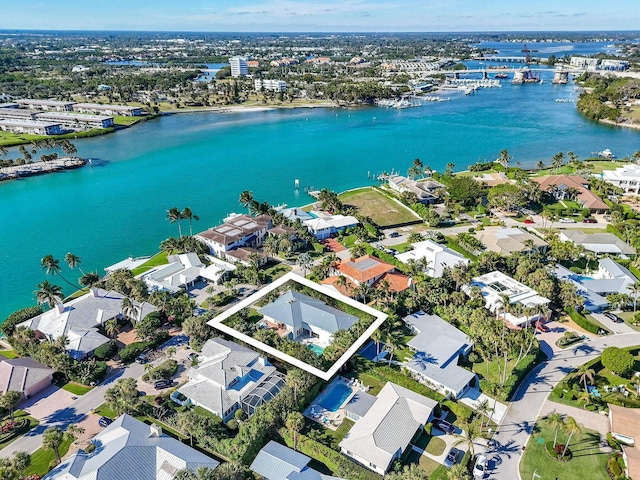 aerial view featuring a water view