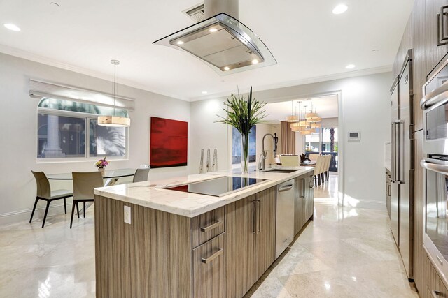 kitchen with sink, crown molding, hanging light fixtures, stainless steel appliances, and a center island with sink