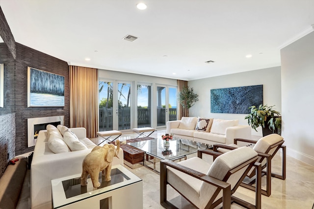 living room featuring a fireplace