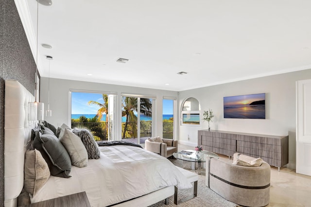 bedroom featuring ornamental molding and access to exterior