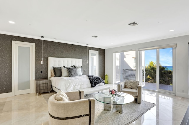 bedroom featuring ornamental molding and access to outside