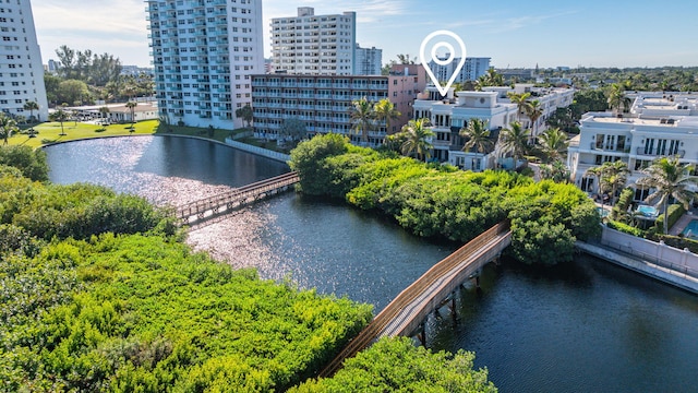 drone / aerial view featuring a water view