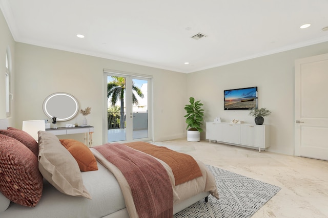 bedroom featuring access to exterior, ornamental molding, and french doors