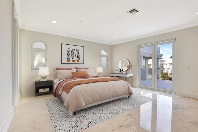 bedroom featuring access to exterior, crown molding, and french doors