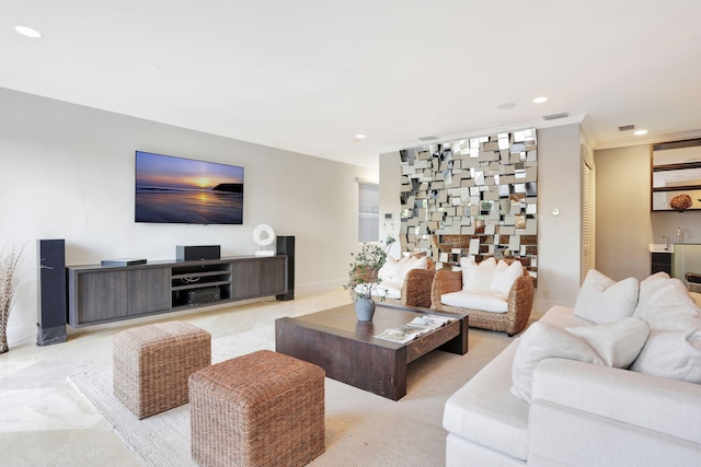 living room featuring ornamental molding