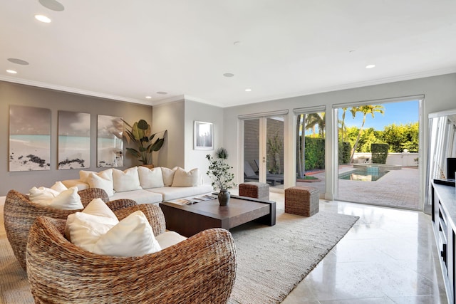 living room featuring ornamental molding