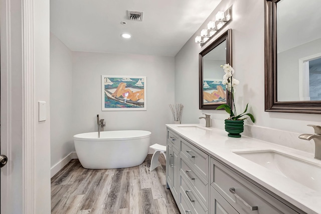 bathroom with double vanity, a soaking tub, wood finished floors, and a sink