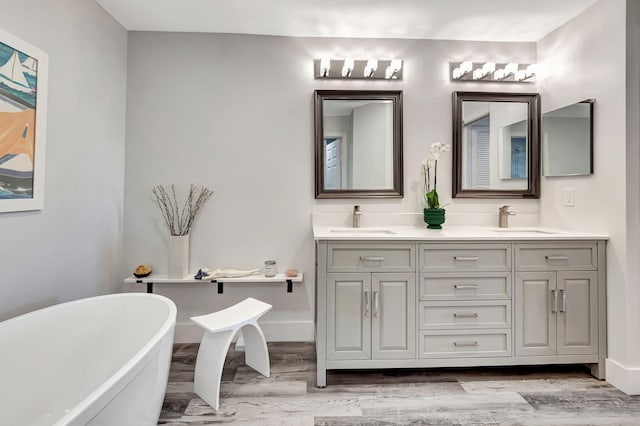 bathroom with a sink, a freestanding bath, wood finished floors, and double vanity