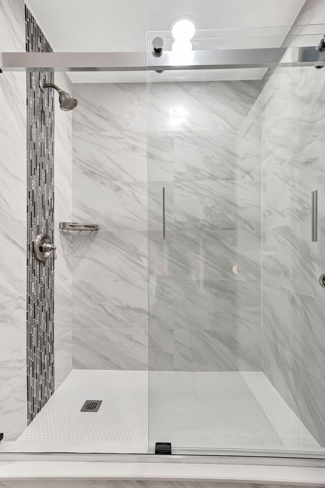 bathroom featuring walk in shower, toilet, vanity, and hardwood / wood-style flooring