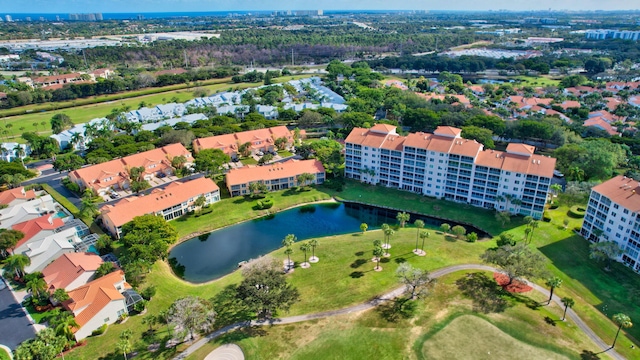 drone / aerial view with a water view