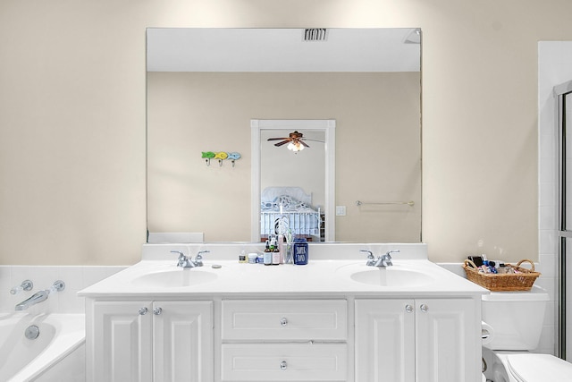 full bathroom featuring ceiling fan, toilet, shower with separate bathtub, and vanity