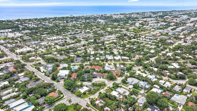 bird's eye view with a water view