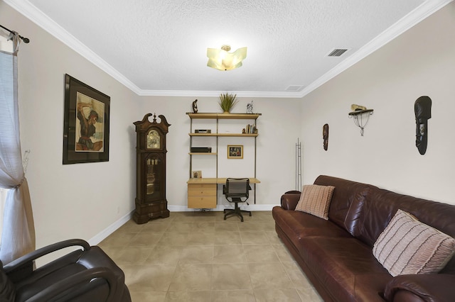 living room with a textured ceiling and ornamental molding