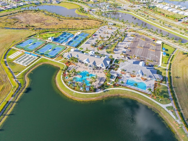 drone / aerial view featuring a water view