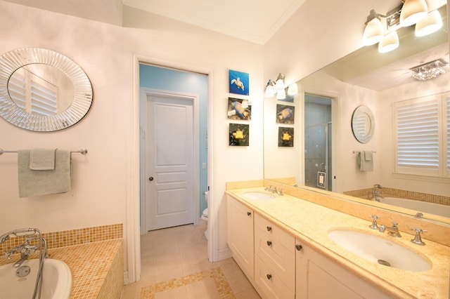 full bathroom featuring crown molding, tile patterned flooring, vanity, plus walk in shower, and toilet