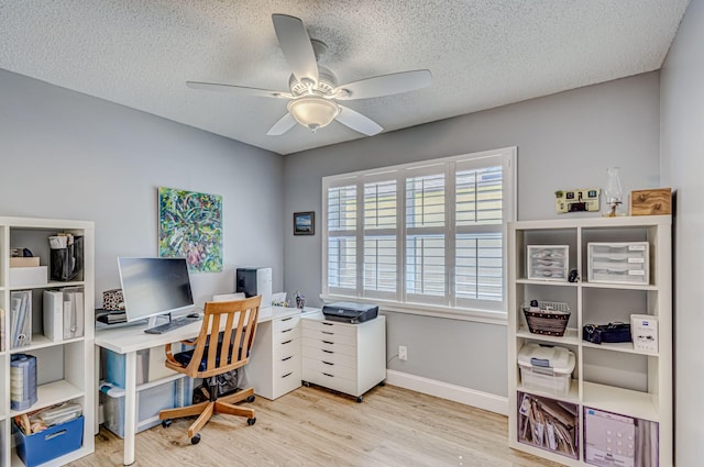 office space featuring ceiling fan, light hardwood / wood-style flooring, and a textured ceiling