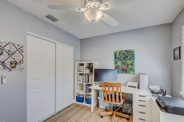 office area featuring ceiling fan, light hardwood / wood-style floors, and a textured ceiling