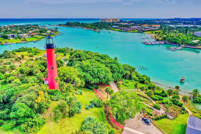 drone / aerial view featuring a water view