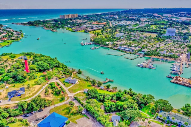 bird's eye view with a water view